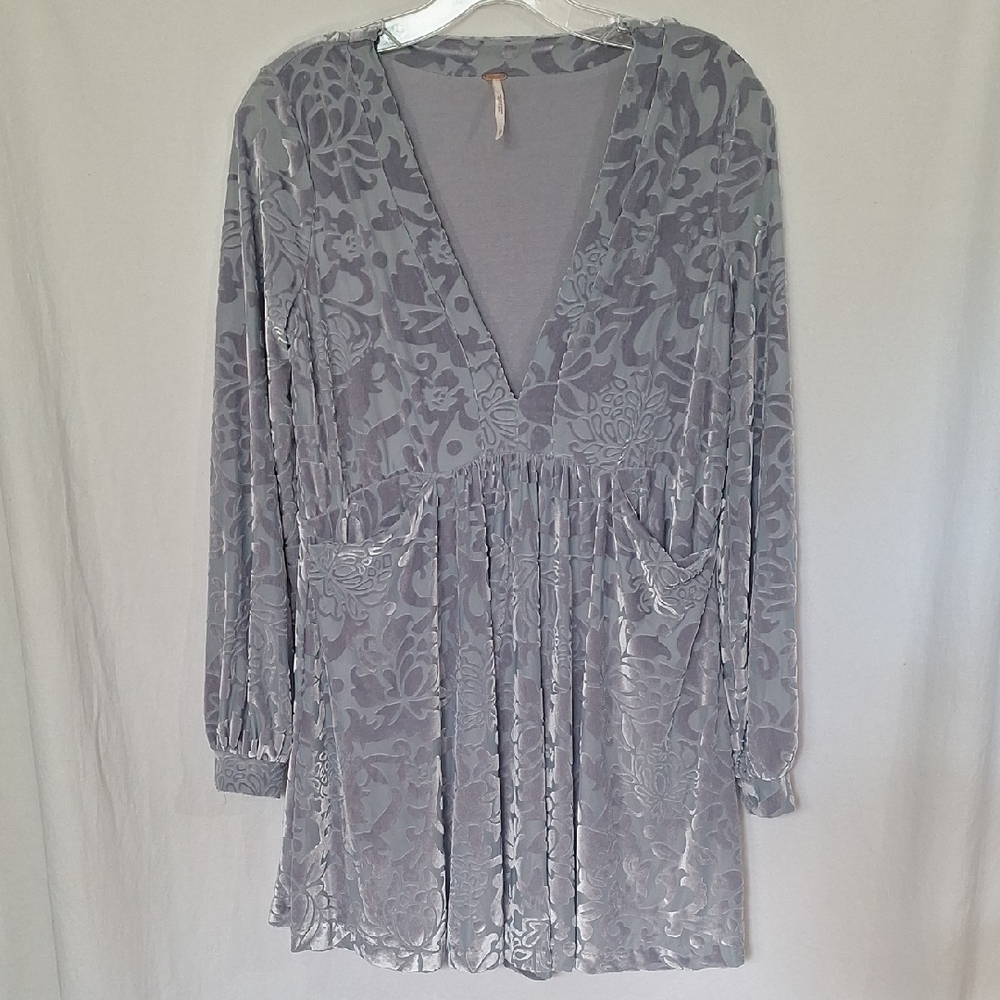 Free People Size XS All Night Long Velvet Burnout Mini Dress Gray Boho Pockets